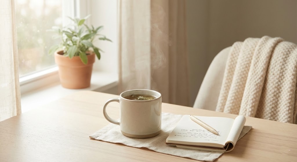 Sıcak bir ortamda not defteri ve çay